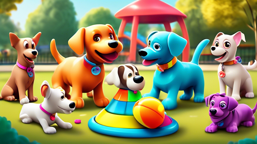 A group of playful dogs engaging with colorful, interactive talking dog toys in a fun, lively park setting. The toys are animated and expressive, featuring buttons and lights that respond to the dogs'