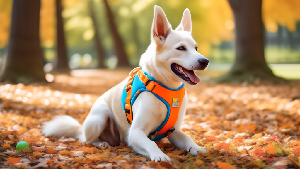 Create an image of a happy dog wearing a comfortable and stylish silicone harness in a pet-friendly park. The dog looks excited and joyful, with the harness highlighted in a variety of vibrant colors 