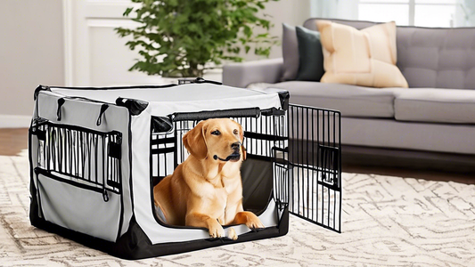 Create an image of a cozy living room with a well-behaved dog sitting contentedly inside a soft, portable dog crate. The crate should have a cushioned interior, breathable mesh sides, and a durable fa