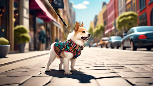 Create an image of a fashionable dog strutting on a stylish city street wearing a chic designer collar and matching leash. The collar and leash should feature intricate patterns, vibrant colors, and h