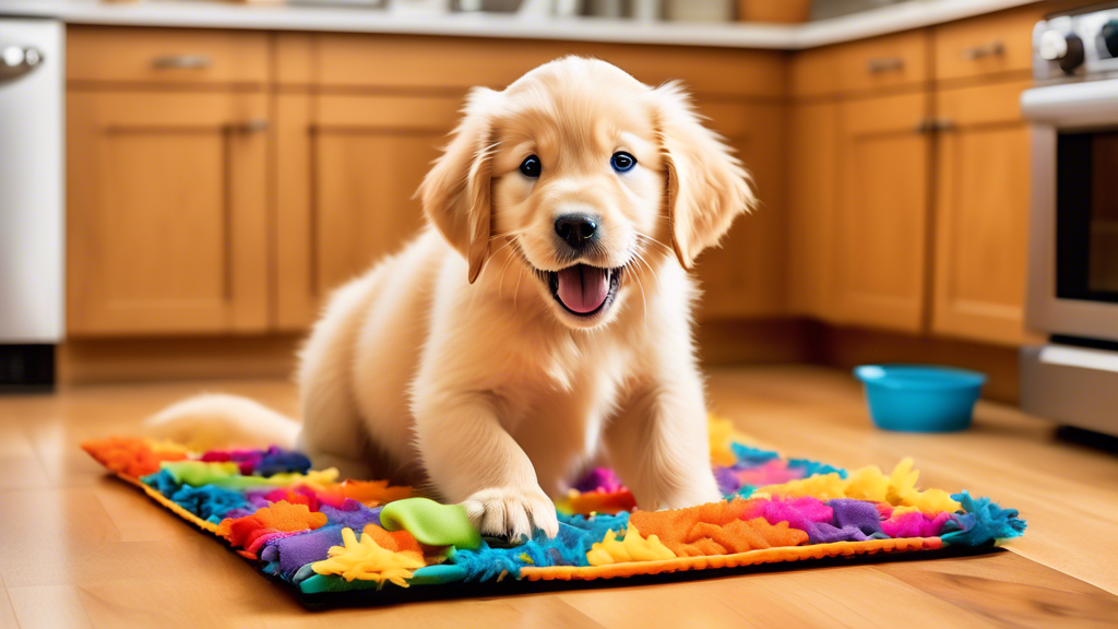 A playful golden retriever puppy joyfully exploring a colorful snuffle mat designed with various hidden compartments and textures, in a cozy kitchen setting. The scene should showcase the puppy’s exci