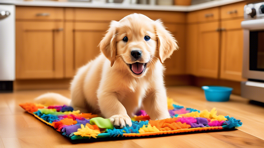 A playful golden retriever puppy joyfully exploring a colorful snuffle mat designed with various hidden compartments and textures, in a cozy kitchen setting. The scene should showcase the puppy’s exci