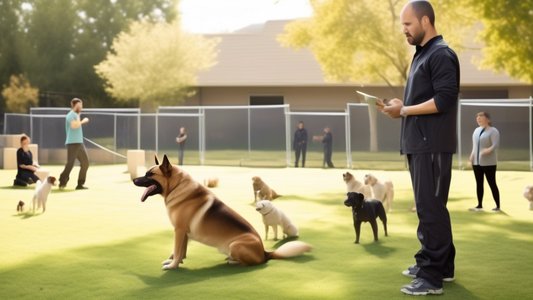 Create an image of a calm, professional dog trainer working with an initially aggressive dog in a serene, well-equipped outdoor training facility. The trainer employs positive reinforcement techniques