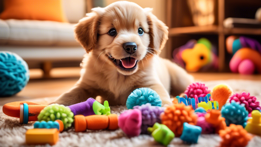 A vibrant, cheerful image of a variety of colorful and interactive puppy toys scattered around a playful, happy puppy in a cozy living room. Some toys include chew toys, squeaky toys, and puzzle toys,