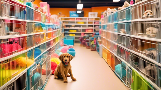 A vibrant and neatly organized pet store aisle showcasing a variety of top-quality dog crates designed for puppies. The crates feature different sizes, colors, and styles, illustrating innovation and 