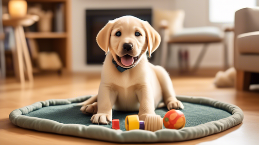 Create an image of a playful and energetic Labrador Retriever puppy learning basic obedience commands from its owner in a cozy, warmly lit living room. The owner, wearing casual clothes and smiling, u
