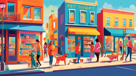 A vibrant street scene featuring charming, colorful storefronts of local pet dog shops, with playful dogs and happy owners browsing toys, accessories, and treats. People are chatting amicably, and a c