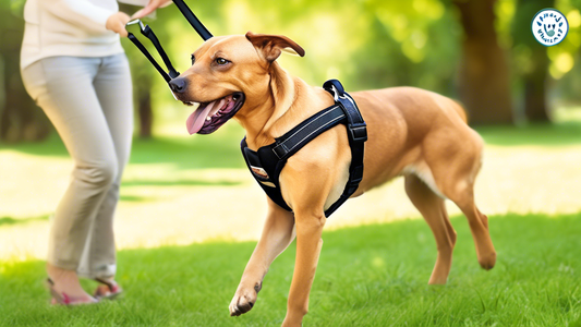 Create an image showcasing a happy dog wearing a well-fitted, stylish, and comfortable no-pull harness from Pawsafe. The harness should have visible, secure clips and a comfortable padding design. The
