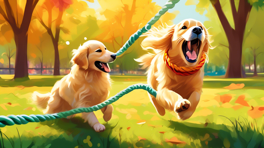 A cheerful golden retriever playing with a vibrant, durable rope toy in a sunlit park, surrounded by colorful trees and lush grass. The rope toy features different textures and knots designed for dent