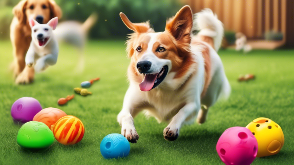 A high-resolution image of several durable, colorful squeaky dog toys in various shapes such as bones, balls, and animals. These toys are scattered across a grassy backyard with a happy, energetic dog