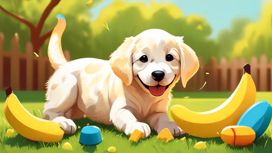 An adorable puppy happily playing with a variety of banana-shaped dog toys in a sunny, grassy backyard.
