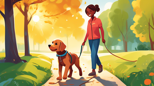 Create a heartwarming illustration of a young puppy being trained with a lead. Show an owner gently guiding the puppy on a grassy path in a park, with clear visual cues for rewarding good behavior, su