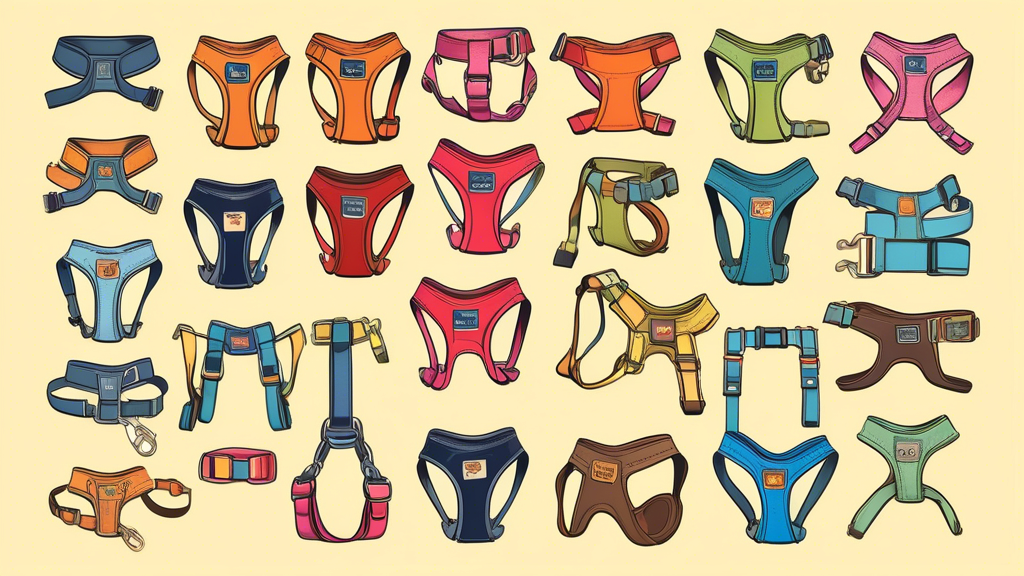 Create a detailed and vibrant illustration of a friendly dog surrounded by a variety of step-in dog harnesses. Each harness should be labeled with features like 'padded comfort', 'adjustable fit', and