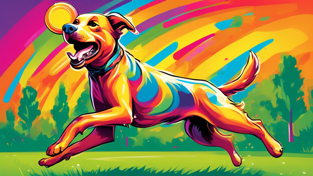 Create an image of a joyful dog mid-air catching a brightly colored, glossy, indestructible frisbee with durability features highlighted. The background should be a sunny park with lush green grass an