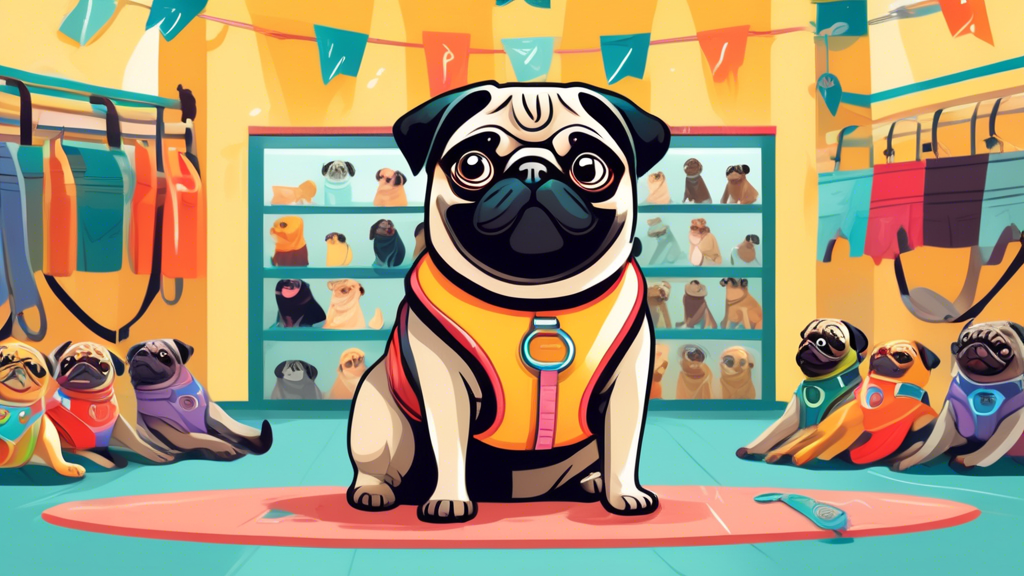 Illustration of a cheerful pug wearing a snug, well-fitted harness, surrounded by a variety of harness styles and colors laid out for comparison. The background features a pet store setting with a fri