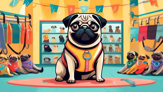 Illustration of a cheerful pug wearing a snug, well-fitted harness, surrounded by a variety of harness styles and colors laid out for comparison. The background features a pet store setting with a fri