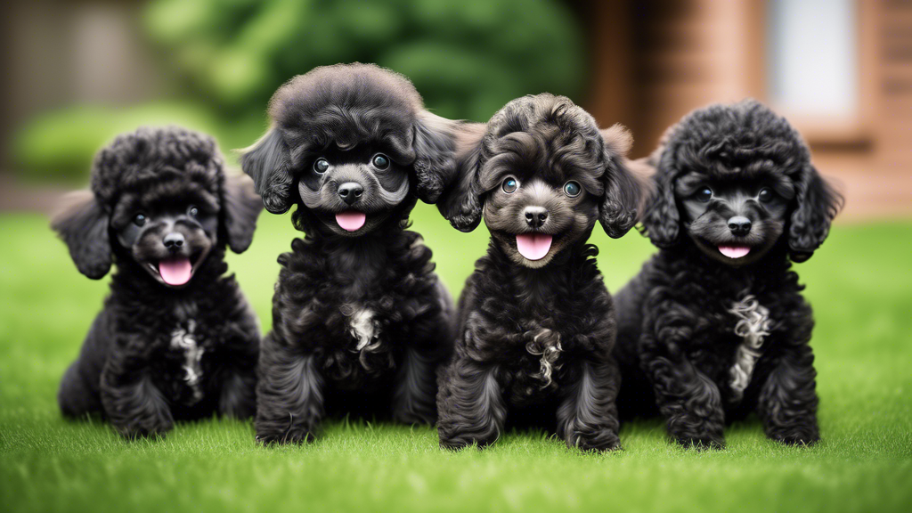 Create a heartwarming scene of several adorable black toy poodle puppies playing together on a lush green lawn. Ensure the puppies are of varying poses, some sitting, some running, and some playfully 