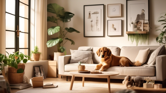 Create an image of a cozy living room where a new dog owner is carefully choosing the perfect puppy cage from a selection. Include various styles of cages, a happy puppy exploring, and informative pam