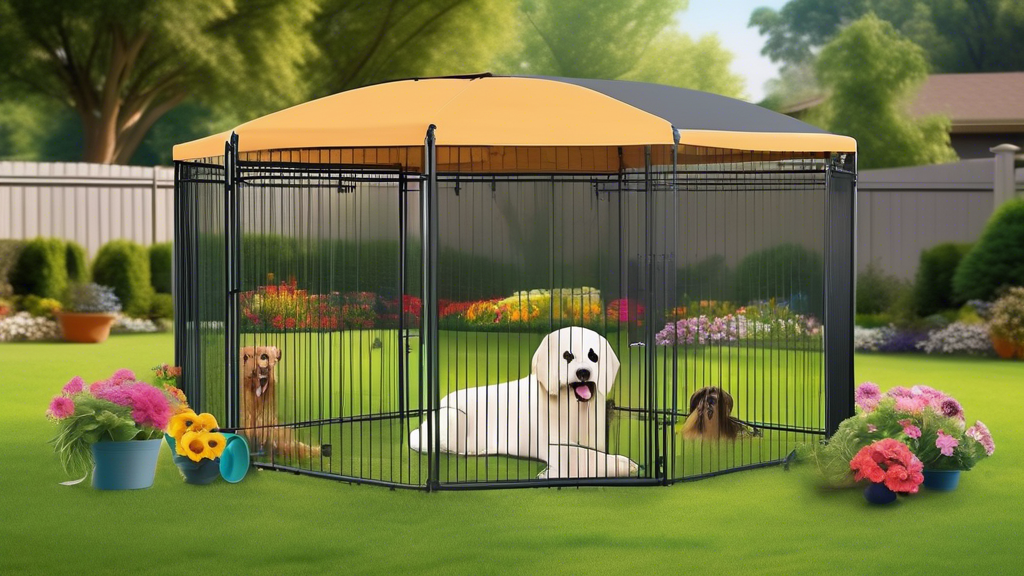 Create an image of a spacious, secure outdoor dog pen situated in a beautiful backyard filled with lush green grass, colorful flowers, and shaded trees. The pen should have sturdy fencing, a comfortab