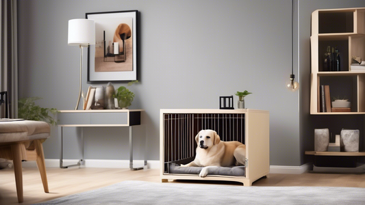 Create an image of a modern living room with stylish, well-designed dog crates seamlessly integrated into the decor. The crates should be chic and have the look of modern furniture, blending into the 