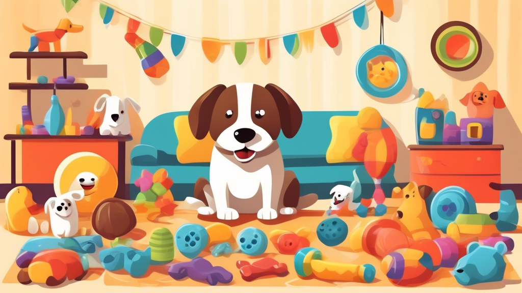 Create an image of a happy dog surrounded by a variety of delightful dog toys, including squeaky toys, chew toys, and interactive treats. The background should be a cozy living room with a soft rug an