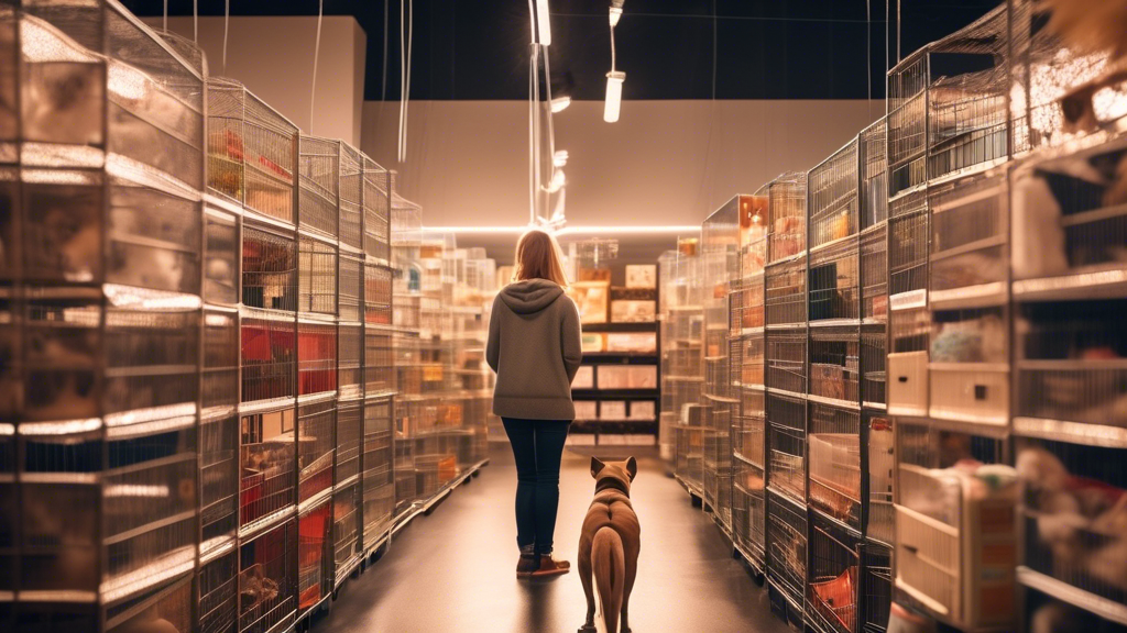 A beautifully lit image of a pet supply store aisle filled with various 48-inch dog crates. The crates come in different styles, such as wire, plastic, and wood. A happy dog owner is thoughtfully exam