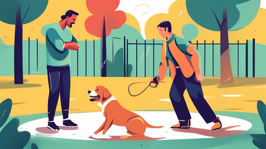 Create an image of a professional dog trainer working with an aggressive dog in an outdoor training area. The trainer should be using positive reinforcement techniques, and the dog is starting to show