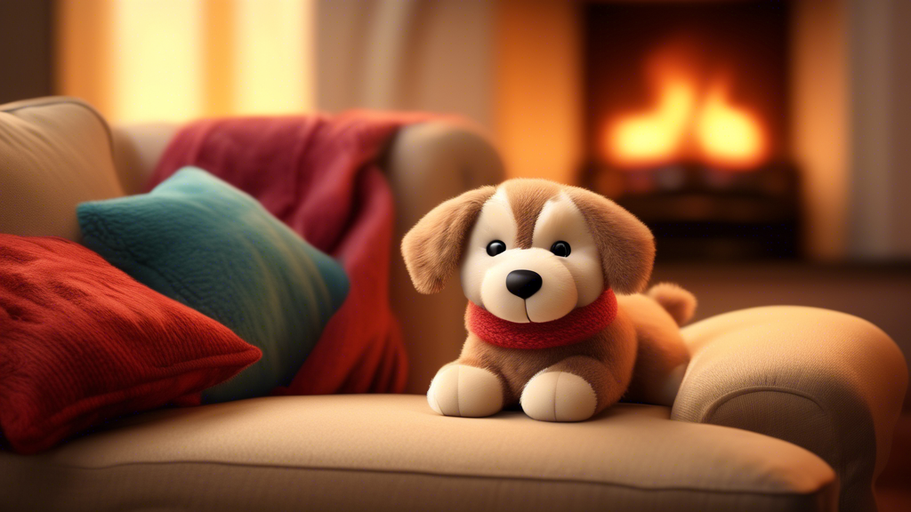 Create an image of a cozy living room setting with a soft, plush Snuggle Puppy toy sitting on a couch. The Snuggle Puppy should look exceptionally cuddly and comforting, featuring its realistic heartb
