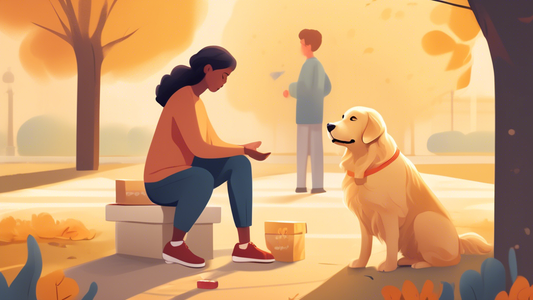 Create an image of a calm and serene setting where a person is gently training a friendly Golden Retriever comfort dog. The scene should show the dog and the person in a park, with commands like 'sit'