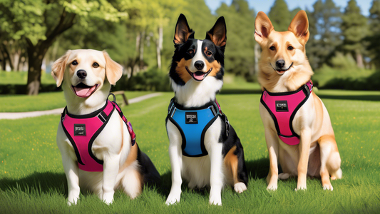 Create an image showcasing a variety of Atlas Pet Company harnesses. Display them in different vibrant colors and designs, with labels indicating features like durability, comfort, and adjustability. 