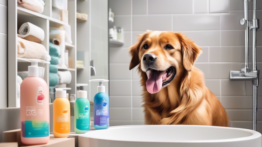 Create an image of a cheerful pet owner in a modern bathroom, happily washing their dog. The background features neat, organized shelves stacked with large bottles of bulk dog shampoo, some with color