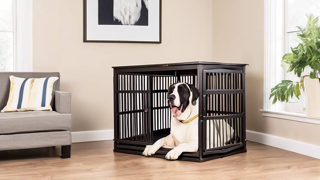 Create an image of a spacious, well-designed XXL dog crate suitable for a large breed dog. The crate is placed in a cozy living room setting, featuring a happy large breed dog, such as a Great Dane or