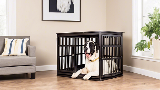 Create an image of a spacious, well-designed XXL dog crate suitable for a large breed dog. The crate is placed in a cozy living room setting, featuring a happy large breed dog, such as a Great Dane or