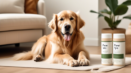 A charming Golden Retriever sits patiently, lifting one paw as a person gently wipes it with a soft, textured paw wipe in a cozy, well-lit living room setting. The background features minimalistic, mo