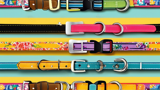Create an image showcasing a variety of top-quality dog collars and leashes, arranged neatly on a bright and cheerful background. Include different styles and designs, such as leather, nylon, and refl
