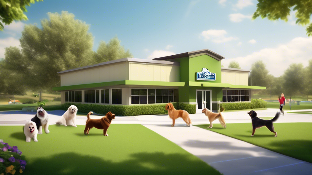 Create an image of a friendly and modern dog training center located in a suburban neighborhood. The center features a large outdoor training area with agility courses, happy dogs of various breeds pr