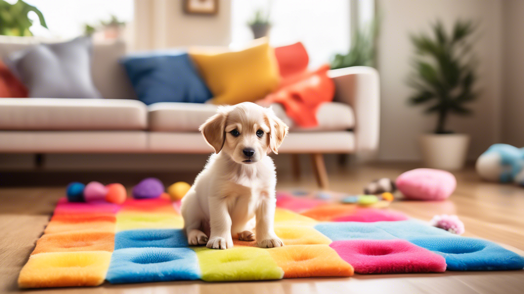 A playful puppy sitting on a colorful pee pad in a cozy, well-lit living room. The room features comfortable furniture, a plush rug, and a few dog toys scattered around. The puppy looks happy and atte