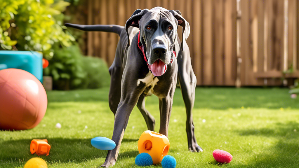 A playful Great Dane joyfully interacting with a variety of dog toys in a spacious, well-kept backyard. The scene features durable chew toys, large plush squeaky toys, interactive treat-dispensing puz