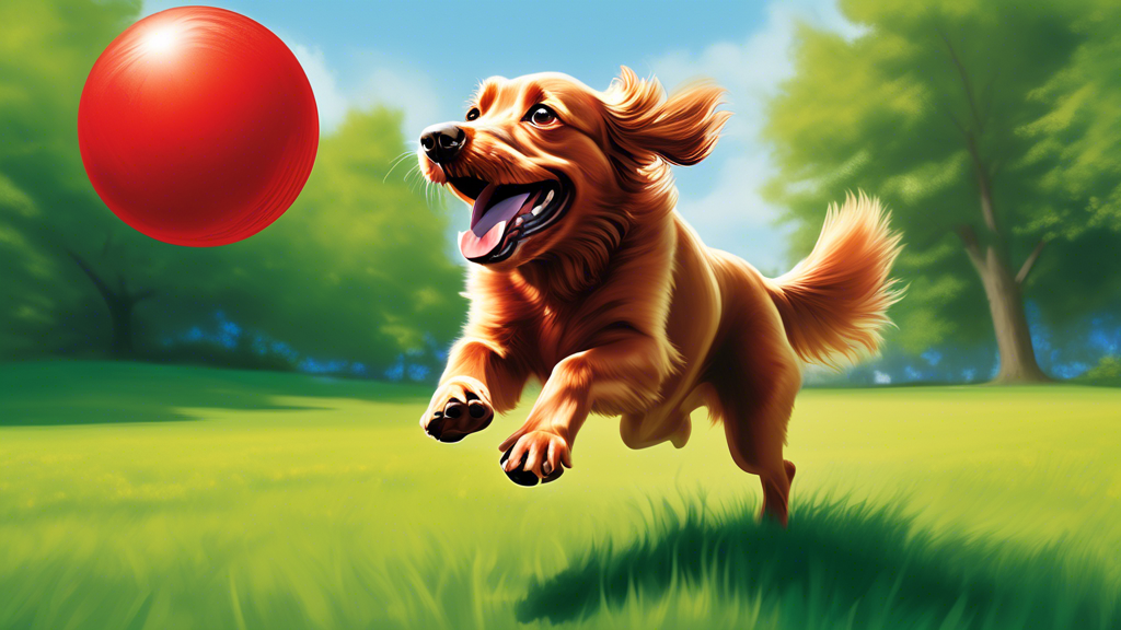Create an image of a happy dog playing with a large, vibrant red Kong ball in a sunny outdoor setting. The dog looks excited and playful, leaping into the air or eagerly chasing the ball. The backgrou