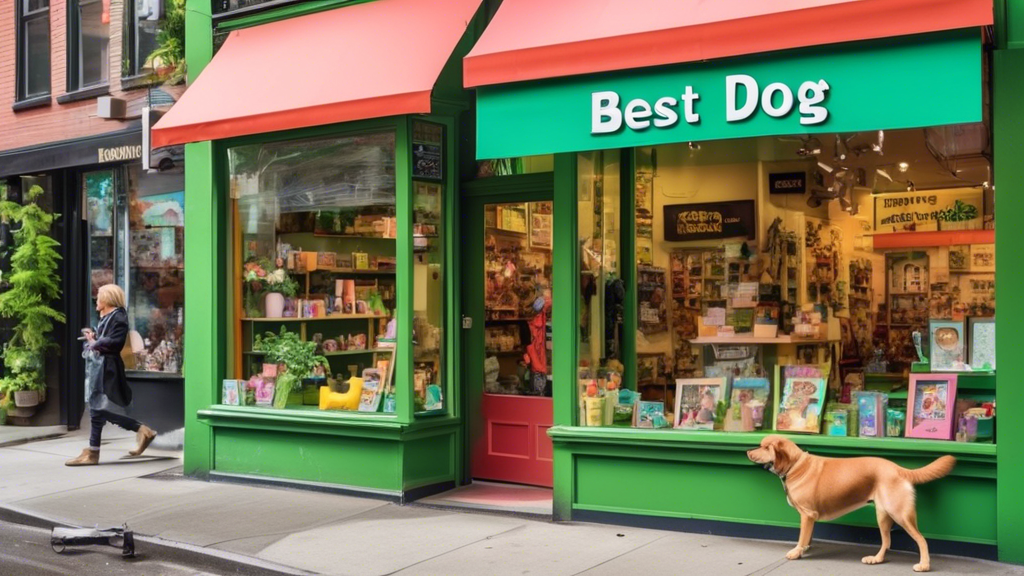 An inviting dog shop on a bustling city street, featuring a colorful storefront with a 'Best Dog Shop' sign. The window displays an array of dog accessories, treats, and toys. Friendly staff members a