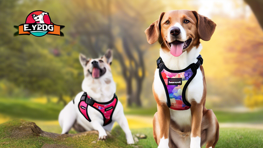 Create an image of a happy dog wearing a colorful and well-designed EzyDog harness, standing confidently in a scenic outdoor setting like a park. Show the harness's sturdy build, comfortable padding, 
