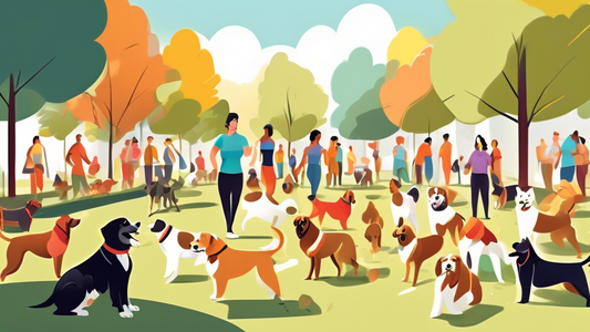 An energetic and happy group of diverse dog breeds participating in an outdoor training class led by a professional trainer in a sunny park setting, with cones and agility equipment, surrounded by tre