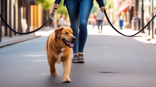 A person walking a large dog on a vibrant street, using a double-handle dog leash. The main leash handle is held with one hand while the second handle, positioned closer to the dog, is grasped in the 