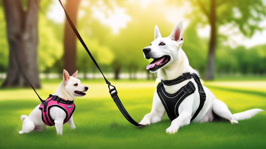 Create an image showcasing a variety of top-rated anti-pull dog harnesses in different styles, sizes, and colors, displayed in a visually appealing manner. Include dogs of various breeds and sizes com