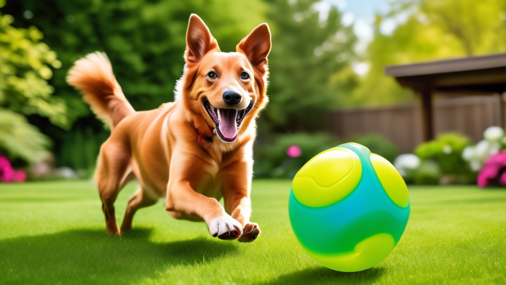 Create an image of a happy dog playing with a Kong Jumbler Ball in a vibrant, lush backyard. The ball should be durable, colorful, and slightly transparent, with a smaller tennis ball inside rattling 
