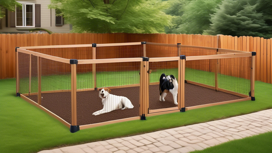 Create an image of a spacious, well-designed outdoor dog pen situated in a lush, green backyard with a variety of friendly dogs of different breeds joyfully playing. Include features like secure fenci