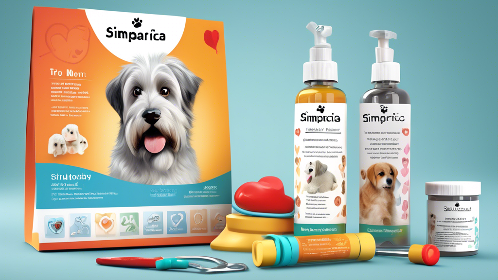 Create a detailed and informative illustration showcasing a One-Month Supply of Simparica Trio for pet owners. Include a close-up view of the product's packaging alongside a happy, healthy dog. In the
