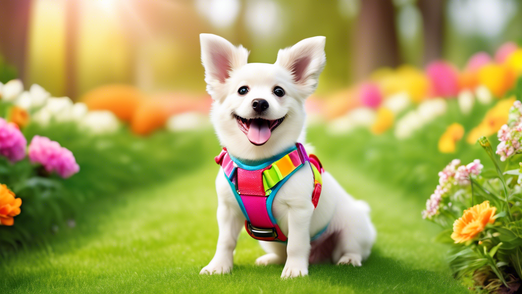 Create an adorable image of a happy dog wearing a colorful, stylish harness and leash set. The background should be a bright and cheerful park with green grass and blooming flowers. The dog should loo