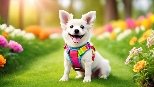 Create an adorable image of a happy dog wearing a colorful, stylish harness and leash set. The background should be a bright and cheerful park with green grass and blooming flowers. The dog should loo
