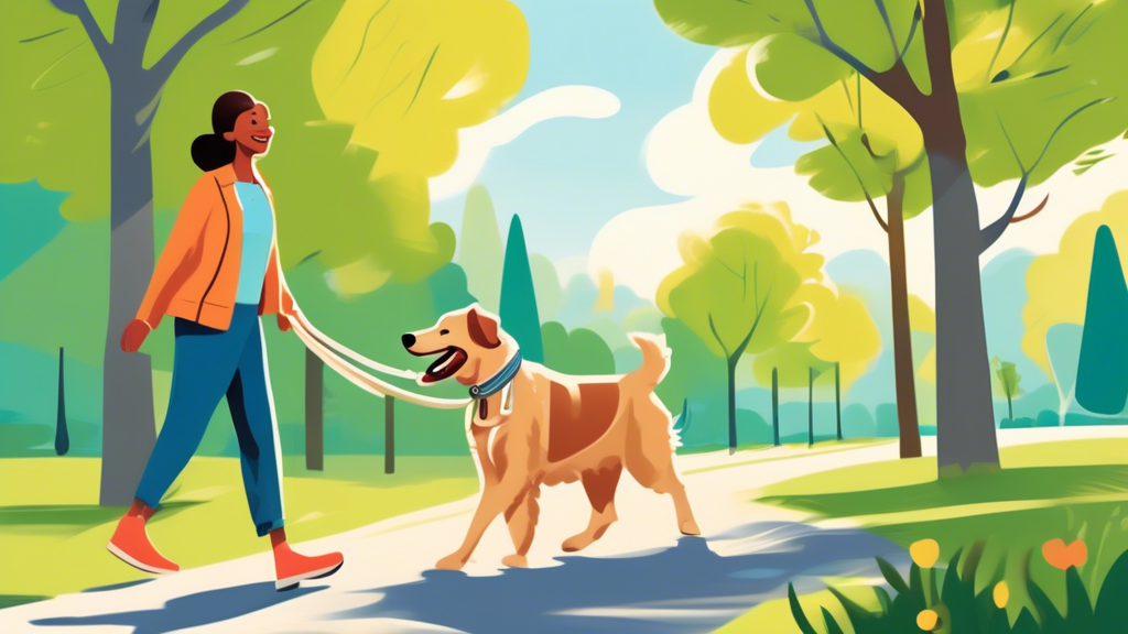 Create a heartwarming image of a happy dog wearing a comfortable, stylish rope collar while being walked by its owner in a scenic park. The dog looks energetic and joyful, showcasing the collar's safe